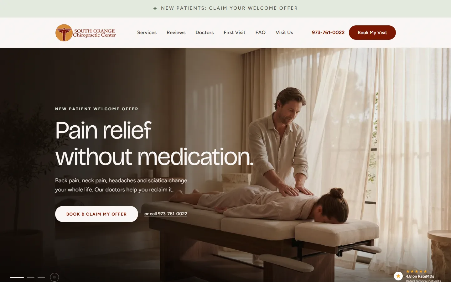 The South Orange Chiropractic concept rebuild at desktop width, captured live
