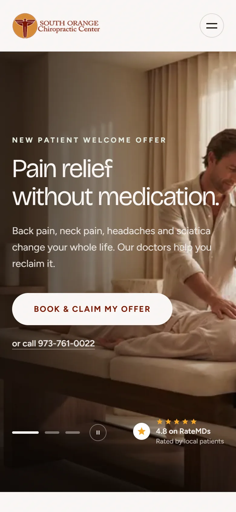 The South Orange Chiropractic concept rebuild on a phone, captured live