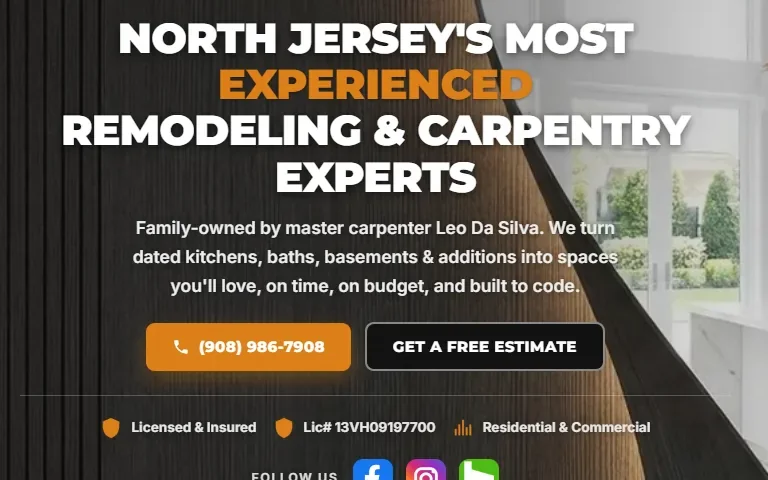 The United Carpentry spec rebuild home page, its headline above the phone and free-estimate buttons