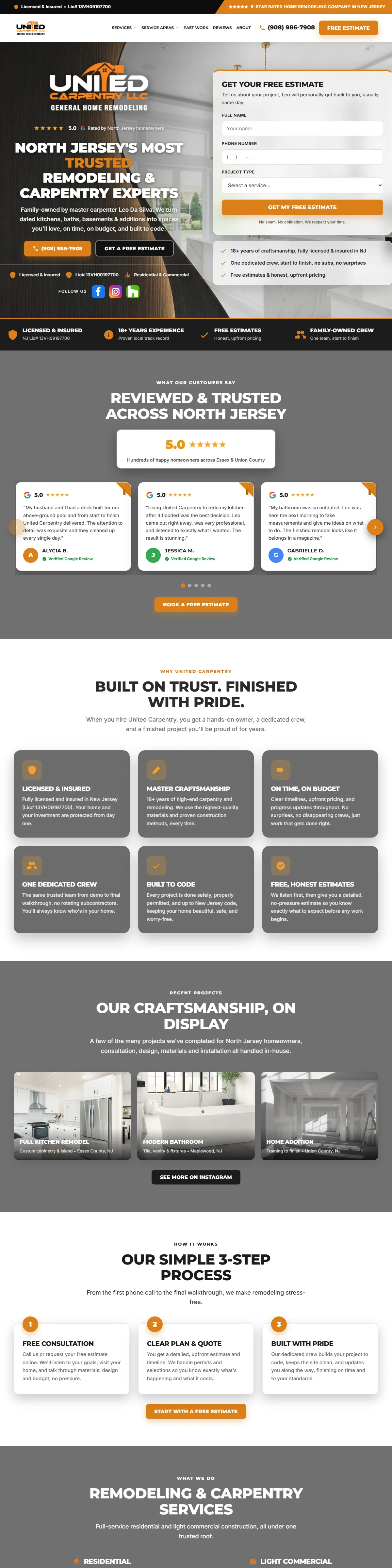United Carpentry website, built by Optimum AI Solutions