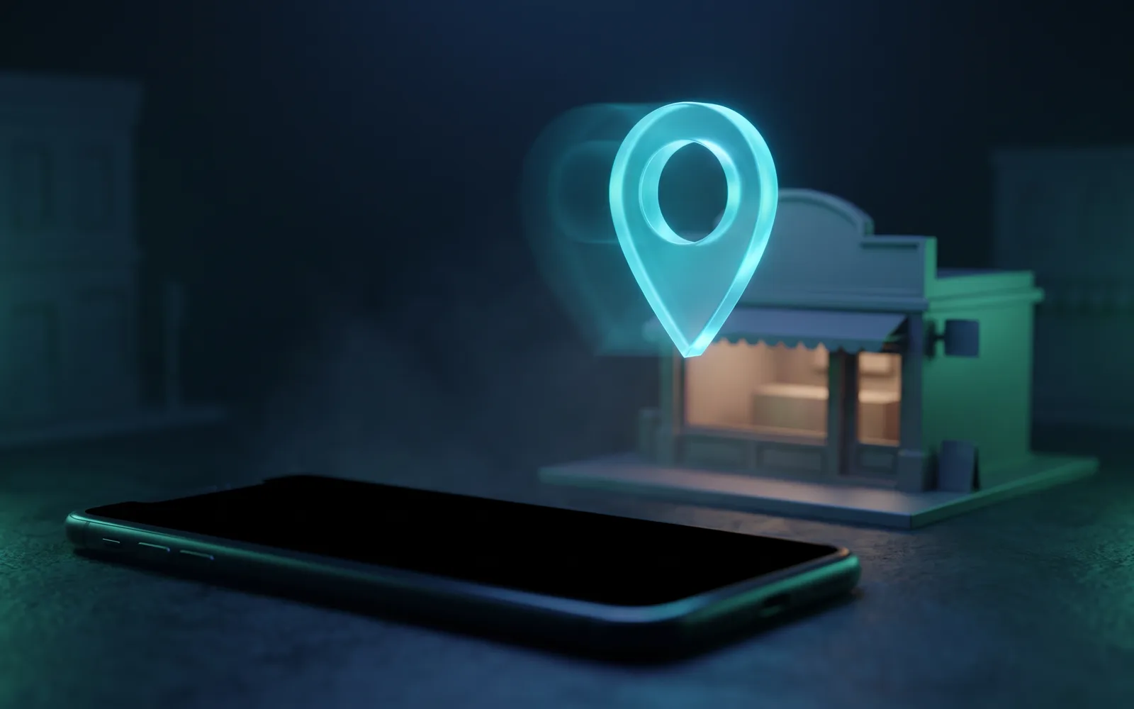 A glowing map pin rising above a small storefront