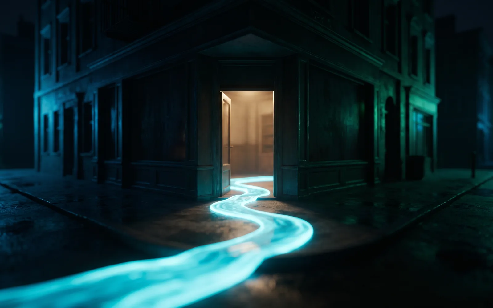 A steady stream of light flowing into a storefront's open door